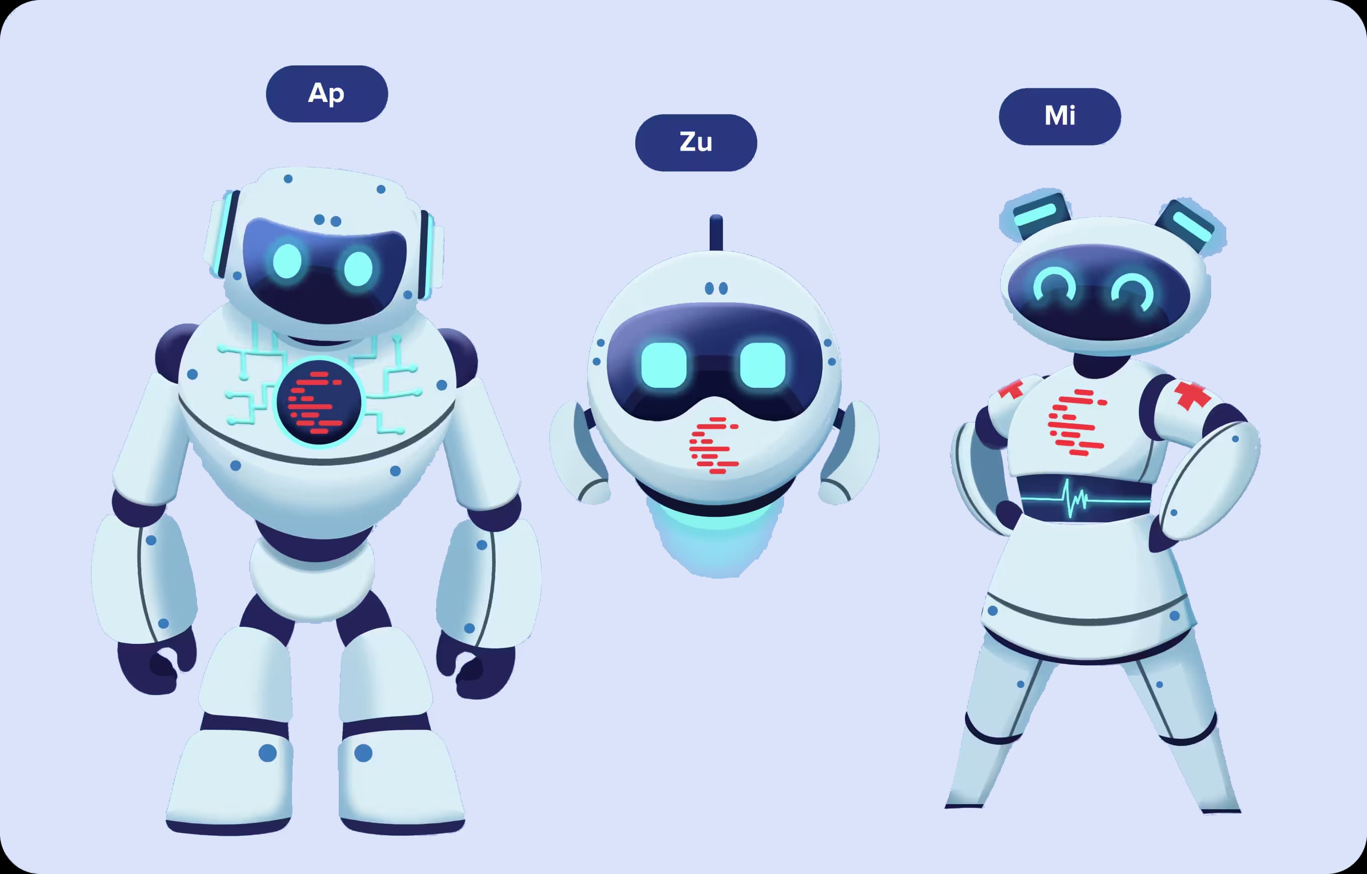 Ap, Zu and Mi, the Apzumi robot mascots